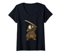 Womens Samurai Penguin with Katana Sword Fight Art V-Neck T-Shirt