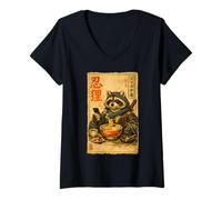 Women's Samurai Raccoon Eating Ramen Scroll Phone Ninja Raccoon V-Neck T-Shirt