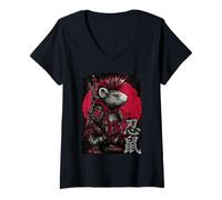 Women's Samurai Rat - Japanese Dark Art Motif V-Neck T-Shirt