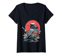 Women's Samurai Raven Japanese Warrior Ukiyo-e Style Sunset V-Neck T-Shirt