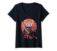 Womens Samurai Red Panda Bear Katana Sword V-Neck T-Shirt