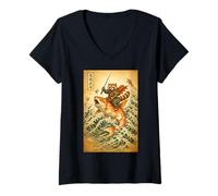 Women's Samurai Red Panda Riding Koi Fish Japanese Animal Warrior V-Neck T-Shirt