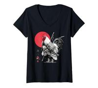 Women's Samurai Rooster Japanese Warrior Ukiyo-e Style Sunset V-Neck T-Shirt