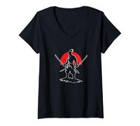 Womens Samurai Silhouette Dual Katana Rising Sun V-Neck T-Shirt