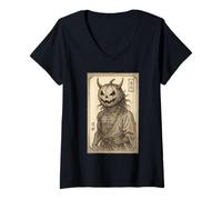 Womens Samurai Skeleton Pumpkin Japanese Ukiyo-e Bushido V-Neck T-Shirt