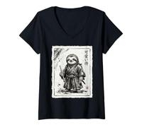 Women's Samurai Sloth Japanese Art Warrior with Flute Japan Zen V-Neck T-Shirt