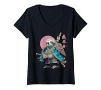 Women's Samurai Sloth Japanese Warrior Ukiyo-e Style Vintage V-Neck T-Shirt