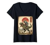 Women's Samurai T-Rex Dinosaur Katana Japanese Sun Art Dino Japan V-Neck T-Shirt