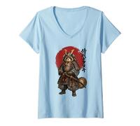 Women's Samurai Tanuki Raccoon Dog Japanese Warrior Animal V-Neck T-Shirt