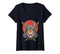 Womens Samurai Tiger Warrior Vintage Red Sun Japanese Samurai Lover V-Neck T-Shirt