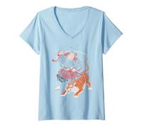 Womens Samurai Warrior Battling Tiger Ukiyo-e Print V-Neck T-Shirt