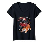 Womens Samurai Warrior Battling Tiger Ukiyo-e Print V-Neck T-Shirt