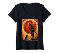 Women's Samurai Warrior Cat Japanese Art Cherry Blossom V-Neck T-Shirt