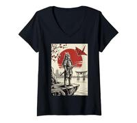 Women's Samurai Warrior Japanese Art Origami Cherry Blossom V-Neck T-Shirt