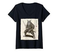 Womens Samurai Warrior Monkey Japanese Katana Bushido Animal Art V-Neck T-Shirt