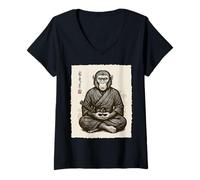 Womens Samurai Warrior Monkey Japanese Katana Bushido Animal Art V-Neck T-Shirt
