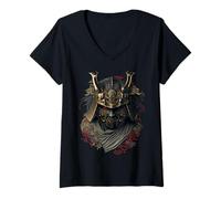 Womens Samurai Warrior Oni Mask, Bushido, Japanese Art V-Neck T-Shirt