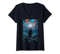 Womens Samurai Warrior Overlooking Tranquil Moonlit Field Twilight V-Neck T-Shirt