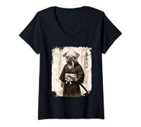 Womens Samurai Warrior Pug, Pugese Japanese Ink Art V-Neck T-Shirt