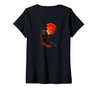 Womens Samurai Warrior Red Moon Japanese Ink Art Style V-Neck T-Shirt