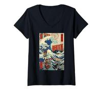 Womens Samurai Warriors Great Wave Japanese Ukiyo-e Katana Bushido V-Neck T-Shirt