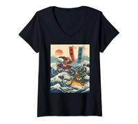 Womens Samurai Warriors in Battle Ukiyo-e Style Japanese Wave V-Neck T-Shirt