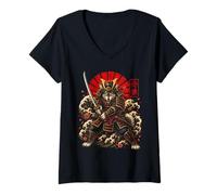 Women's Samurai Wolf Japanese Warrior Katana Art V-Neck T-Shirt