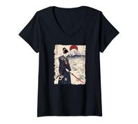 Women's Samurai Woman with Katana Sakura Mount Fuji Rising Sun V-Neck T-Shirt