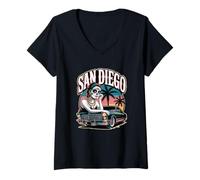 Women's San Diego Sugar Skull with Low Rider Baseball V-Neck T-Shirt