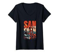 Women's San Francisco Bold Letters Golden Gate Bridge Retro Skyline V-Neck T-Shirt