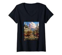 Women's San Francisco California Scenic Cable Car Artwork V-Neck T-Shirt