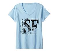 Women's San Francisco SF Distressed Bridge and Cable Car Silhouette V-Neck T-Shirt