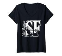Women's San Francisco SF Distressed Bridge and Cable Car Silhouette V-Neck T-Shirt