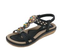 Womens Sandal Low Wedge Heel Wide Fit Super Soft Comfortable Sandals Ladies Summer Boho Fashion Beaded Flat Beach Sandals Size 2.5-8 UK (6.5,Black)