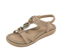 Womens Sandal Low Wedge Heel Wide Fit Super Soft Comfortable Sandals Ladies Summer Boho Fashion Beaded Flat Beach Sandals Size 2.5-8 UK (4,Beige)