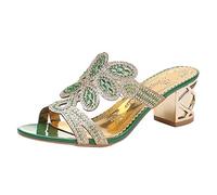 Women's Sandal Summer Chic and Comfortable, Women's Comfort Chic Evening Wedge Heel, 2026 Sandals Elegant Nude Feet Boheme Rhinestone Slides Square Heel Light Evening Sandals, green, 6 UK