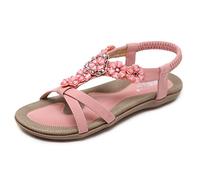 Womens Sandals Bohemian Flower Rhinestones Flat Sandals Ladies Elastic Ankle Strap Beach Cool Vacation Shoes Size 2.5-10.5UK (3.5,Pink)