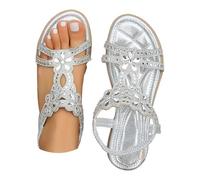 Women's Sandals Comfortable Wide Feet Flat Sandals Women's Glitter Rhinestone Summer Sandals T-Strap Beach Shoes Slingback Sandals Soft Soles Summer Shoes Boho Sports Sandals, silver, 9 UK
