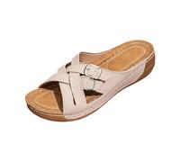 Women's Sandals Crossover Flip Flops Thick Sole Wedge Sandals Breathable Orthoslipper Arch Support Sandals Boho Sliders Wide Footbed Beach Sandals Fashion Roman Sandals, beige, 4 UK