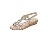 Womens Sandals Flat with Ankle Strap Peep Toe Ladies Rhinestone Sandals Flower Slingback Bohemian Beach Vacation Shoes Size 2.5-7.5 UK (5,Gold)
