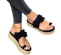 Women's Sandals Flower Platform Wedge Slippers Summer Floral Toe Loop Flip Flops Sandals for Women Casual Beach Walking Shoes