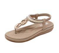 Womens Sandals for Summer Low Flat Heel Flip Flop Sandals Clip Toe Post Thong Boho Shoes with Beads Flowered Rhinestone Bohemia Beach Sandals Shoes T-Strap Slippers for Girls Apricot Size 5 UK