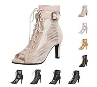 Women's Sandals Heels Suspenders Dance Shoes - Sexy Peep Toe Mesh Upper Cross Band Lacing Stiletto Sandals Women Latin Dance Party Ballroom Dance Festive Occasions, 02 Beige, 8.5 UK