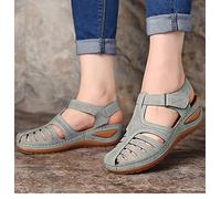 Women's Sandals High Wedge Heel Platform Buckle Sandal Ladies Faux Leather Summer Comfortable Non-Slip Closed Toe Retro Fashion Beach shoes,Gray,40