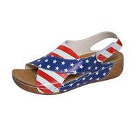 Women's Sandals in Multicoloured - Summer Platform Sandals Orthopaedic Summer Sandals with American Flag Wedge Sandals with Open Toe Elegant Low Heel Casual Sandals, blue, 4 UK