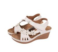 Women's Sandals Open Toe Slip On Mid Heel Wedge Casual Summer Sandals with floral(White,5.5 UK)