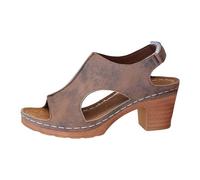 Women's Sandals Platform Chunky Heel Pumps Leather Open Toe High Heel Shoes Thick Plain High Cut with Openwork Sides | Dress Style for Daily Going Out Summer Office Ceremony, 01 Brown, 8 UK