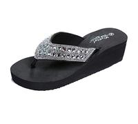 Women's Sandals Platform Orthopedic Wide Fit Arch Support Walking Summer Flip Flops Sparkly Rhinestones Beach Diamante Nonslip Slip-on Comfortable Casual Flat Footwear (Black, 6.5)