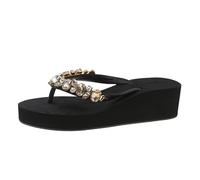 Women's Sandals Rhinestone Glitter Sandals with Wedge Heel, Platform Sandals Women's Summer, Glitter Toe Separator Plain Beach Shoes, Lightweight Summer Shoes, Soft Soles, Casual Shoes, black, 7 UK