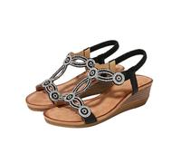 Women's Sandals Rhinestone Glitter Summer Sandals with Wedge Heel, Strappy Sandals Women's Silver Hole Pattern Boho Sandals Plain Casual Sandals Breathable Sandals Lightweight Summer Sandals, black, 9